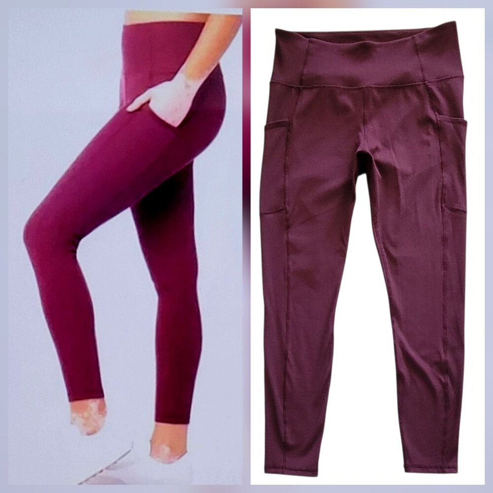Lukka Lux Ribbed Leggings with Side Media Pockets Maroon Size Large New